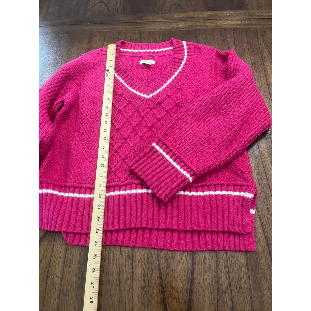 Maeve Anthropologie Hot Pink Cable Knit V-Neck Tipped Varsity Sweater Medium - Picture 6 of 10